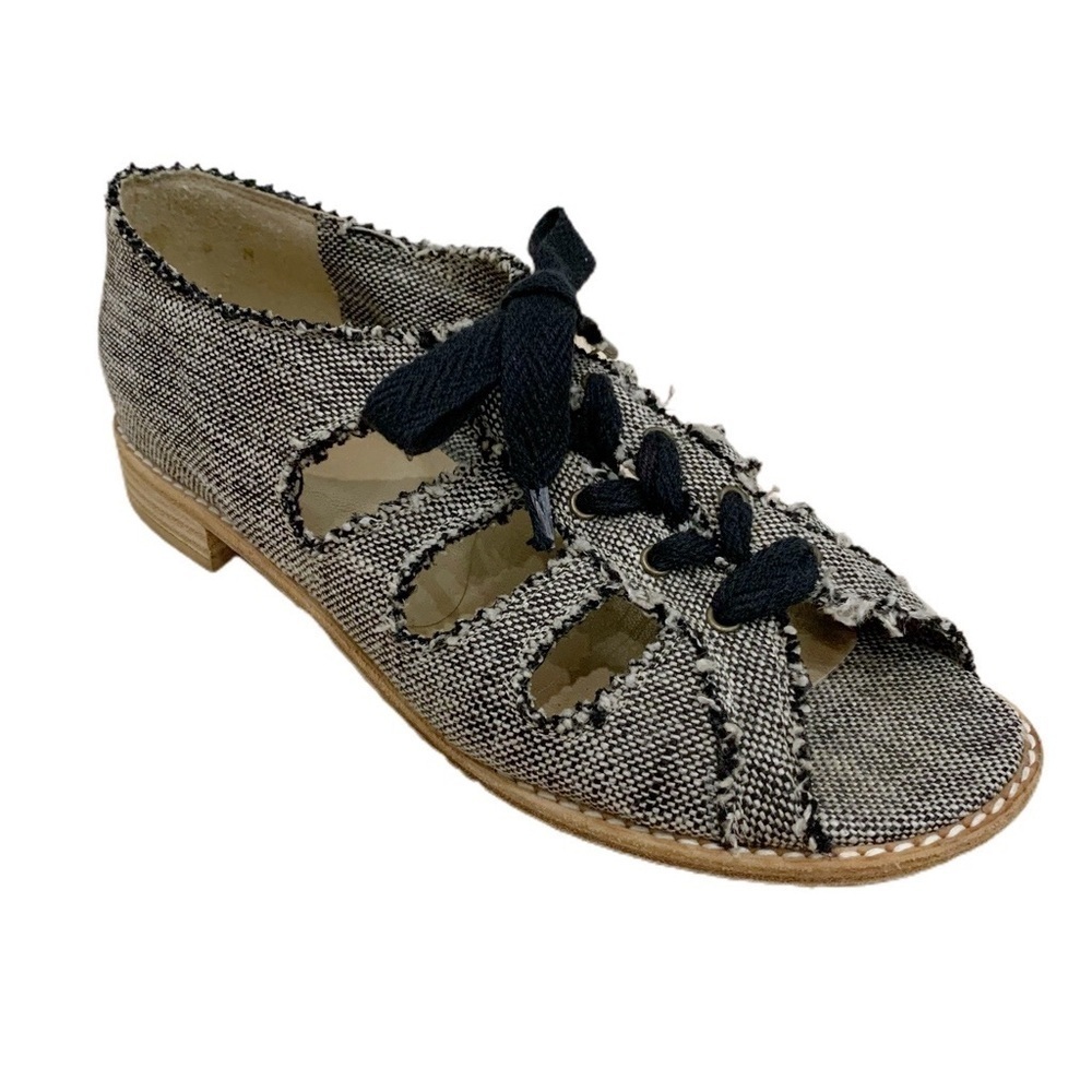 Stuart Weitzman Woven Open Toe Lace-Up Flats Sandals Boho Linen Burlap - Picture 2 of 9